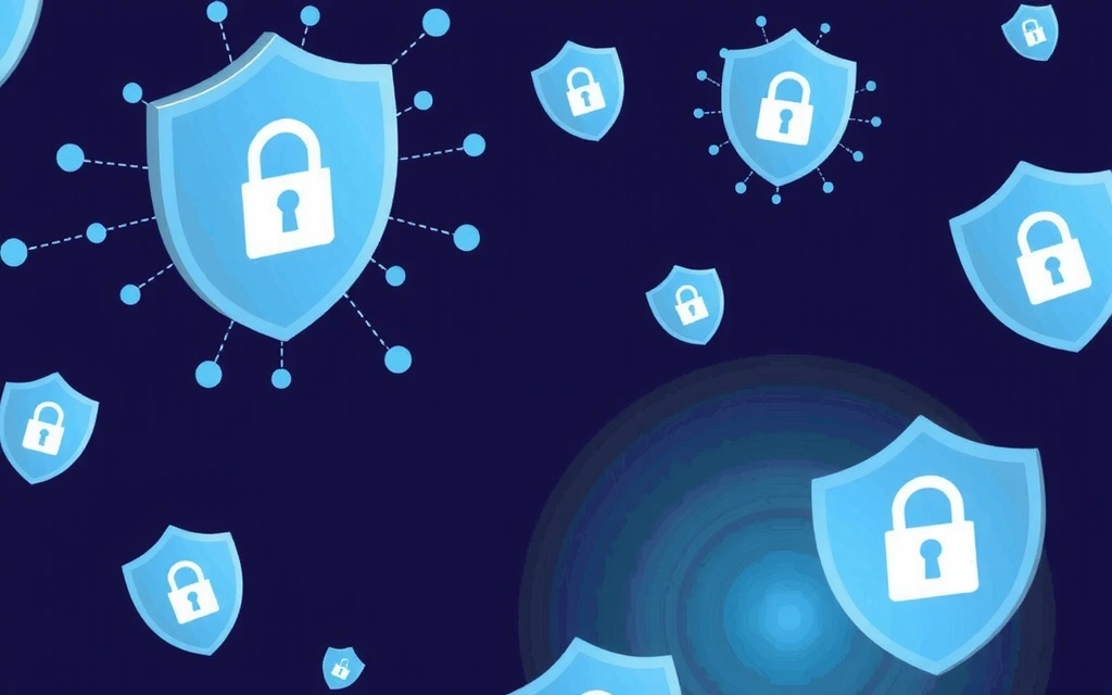 Ilustración de seguridad de datos y privacidad en línea con un candado y datos flotantes.