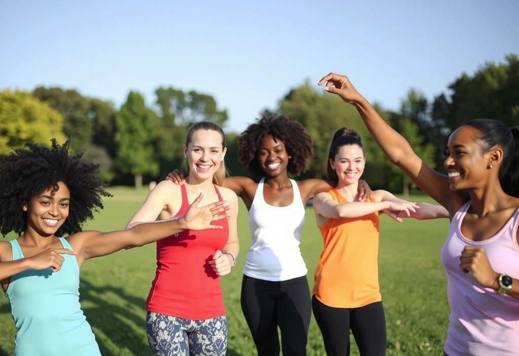 Grupo de personas diversas sonriendo y haciendo ejercicio al aire libre, simbolizando comunidad y bienestar.