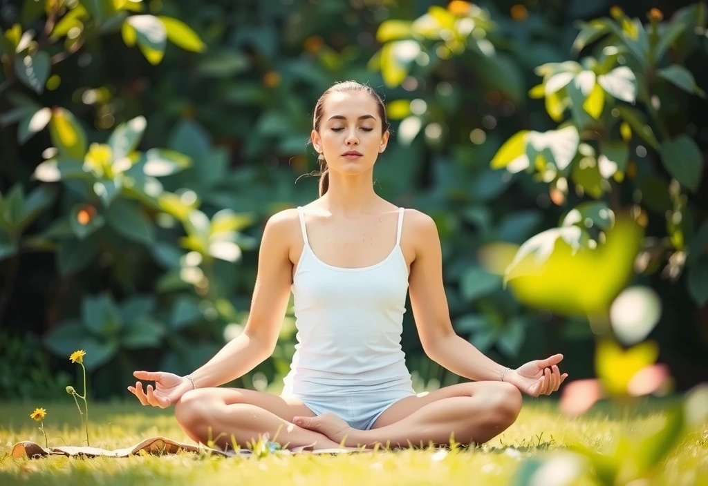 Mujer meditando en un entorno natural, simbolizando paz mental y bienestar.