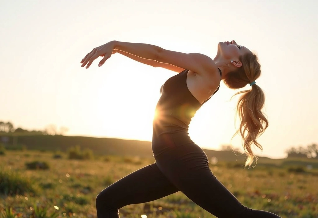 Persona estirándose y haciendo yoga al aire libre, con el sol de la mañana.