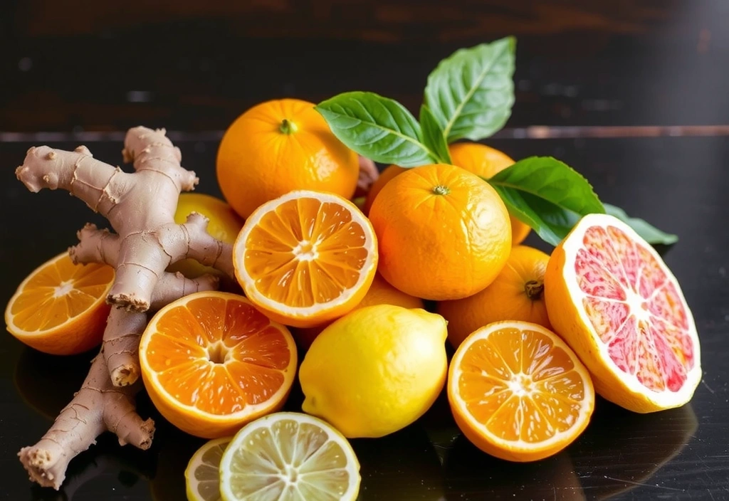 Variedad de cítricos y jengibre, simbolizando ingredientes que fortalecen la inmunidad.
