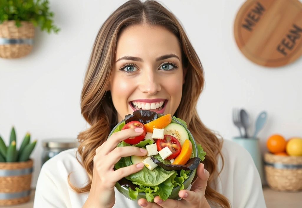 Una persona sonriendo mientras come una ensalada fresca, simbolizando una dieta equilibrada rica en vitaminas.